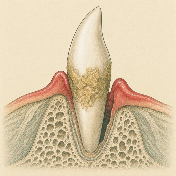 Illustrated cross-section of a dog tooth with stage 3 moderate periodontitis: heavy calculus, receding inflamed gums, a deepened pocket and visible bone loss